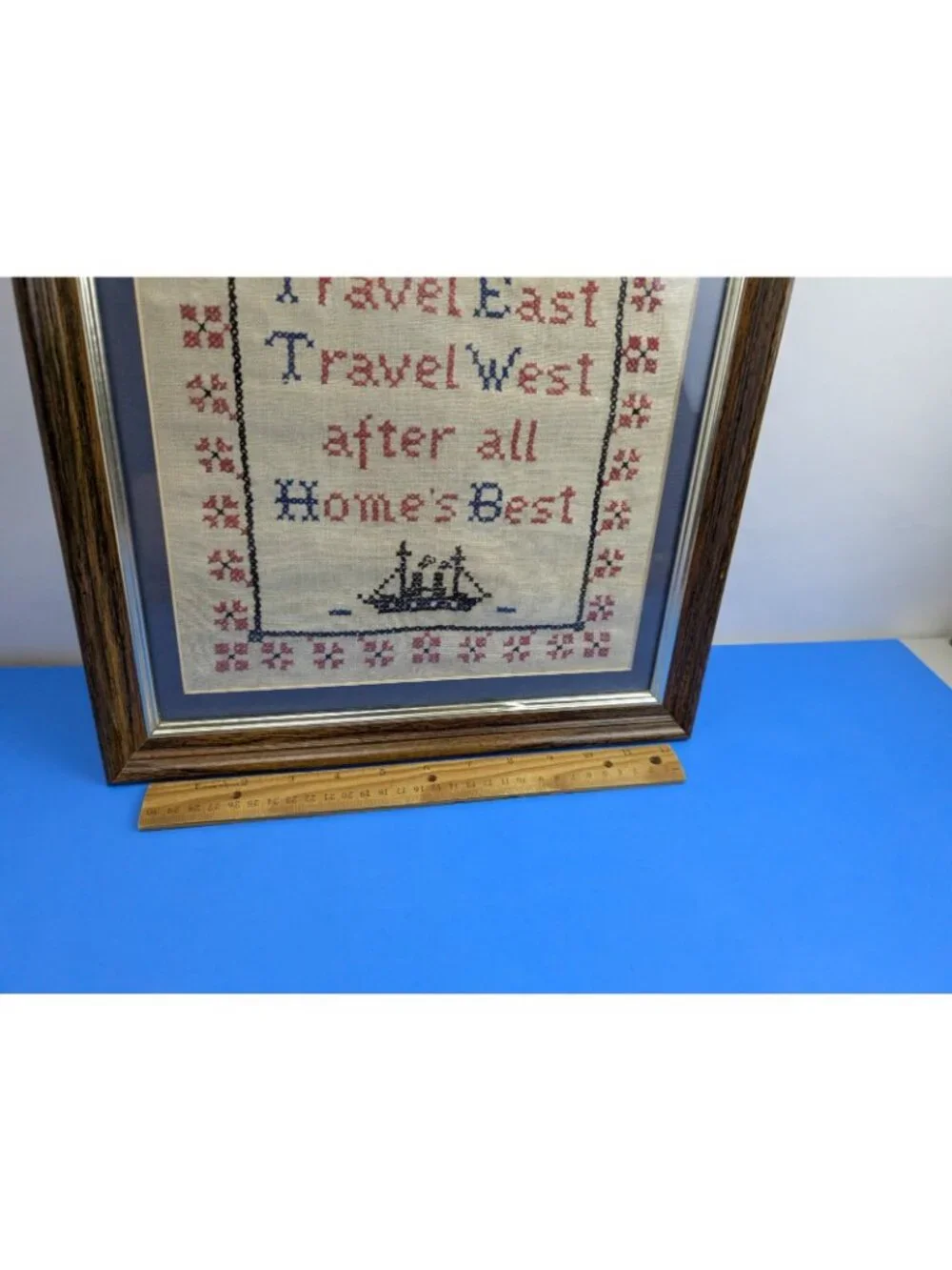 Vintage Framed Needlepoint Embroidery Travel East Travel West Home Best Nautical